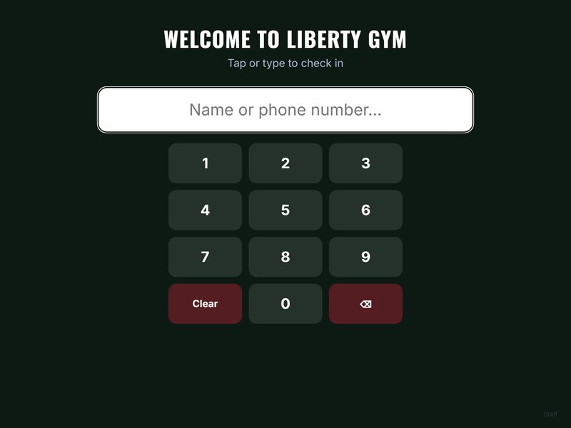 Screenshot of the Liberty Gym gym-management system's iPad self-service check-in kiosk, shown on an empty database