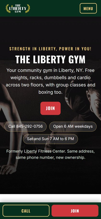 Screenshot of the Liberty Gym home page on a phone