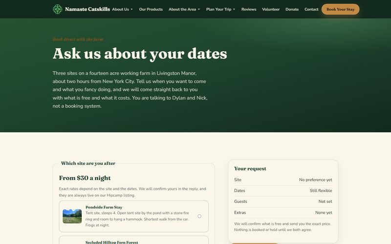 Screenshot of the Namaste Catskills Ask About Your Dates booking page