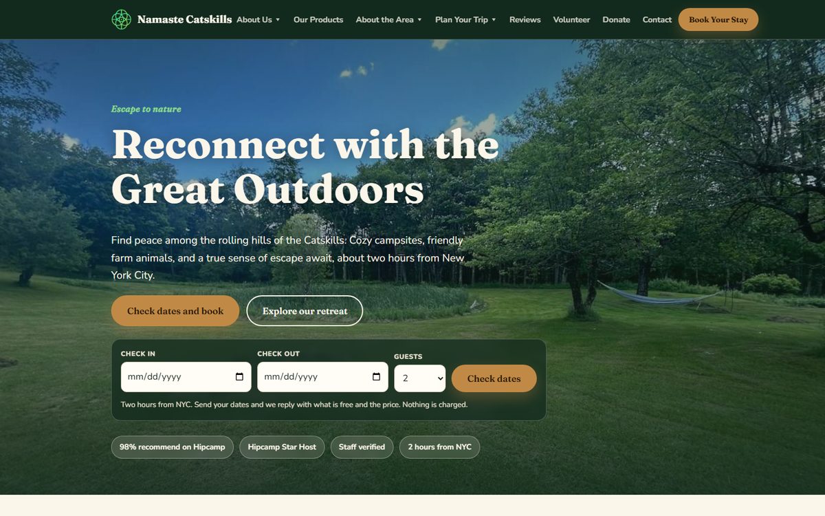 Screenshot of the Namaste Catskills home page, captured from namastecatskills.com