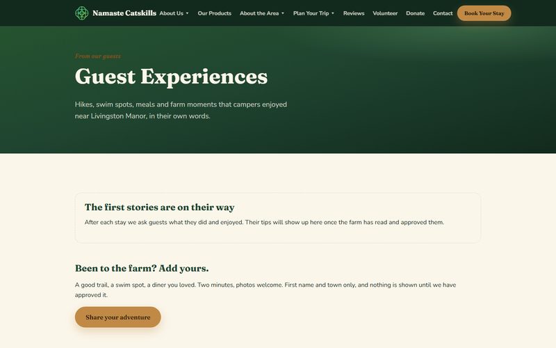 Screenshot of the Namaste Catskills Guest Experiences page