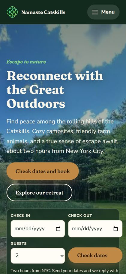 Screenshot of the Namaste Catskills home page on a phone