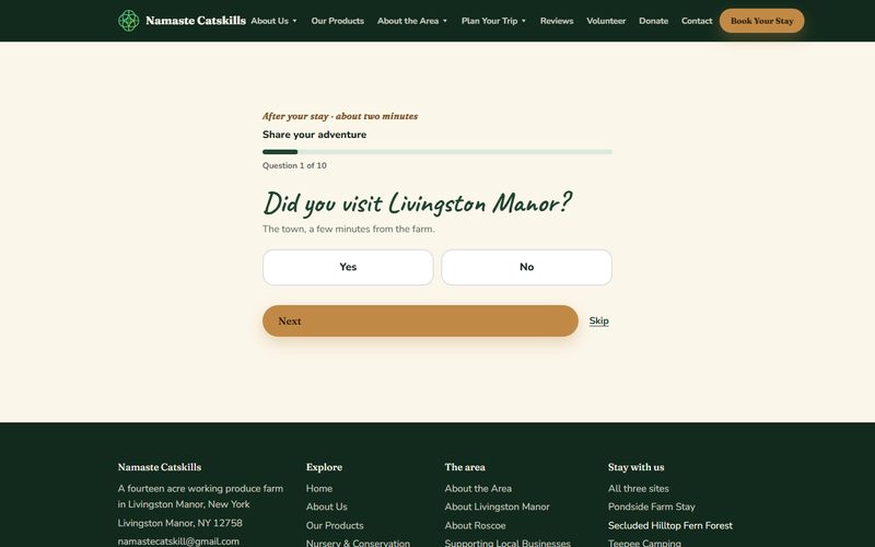 Screenshot of the Namaste Catskills Share Your Adventure questionnaire, question one of ten