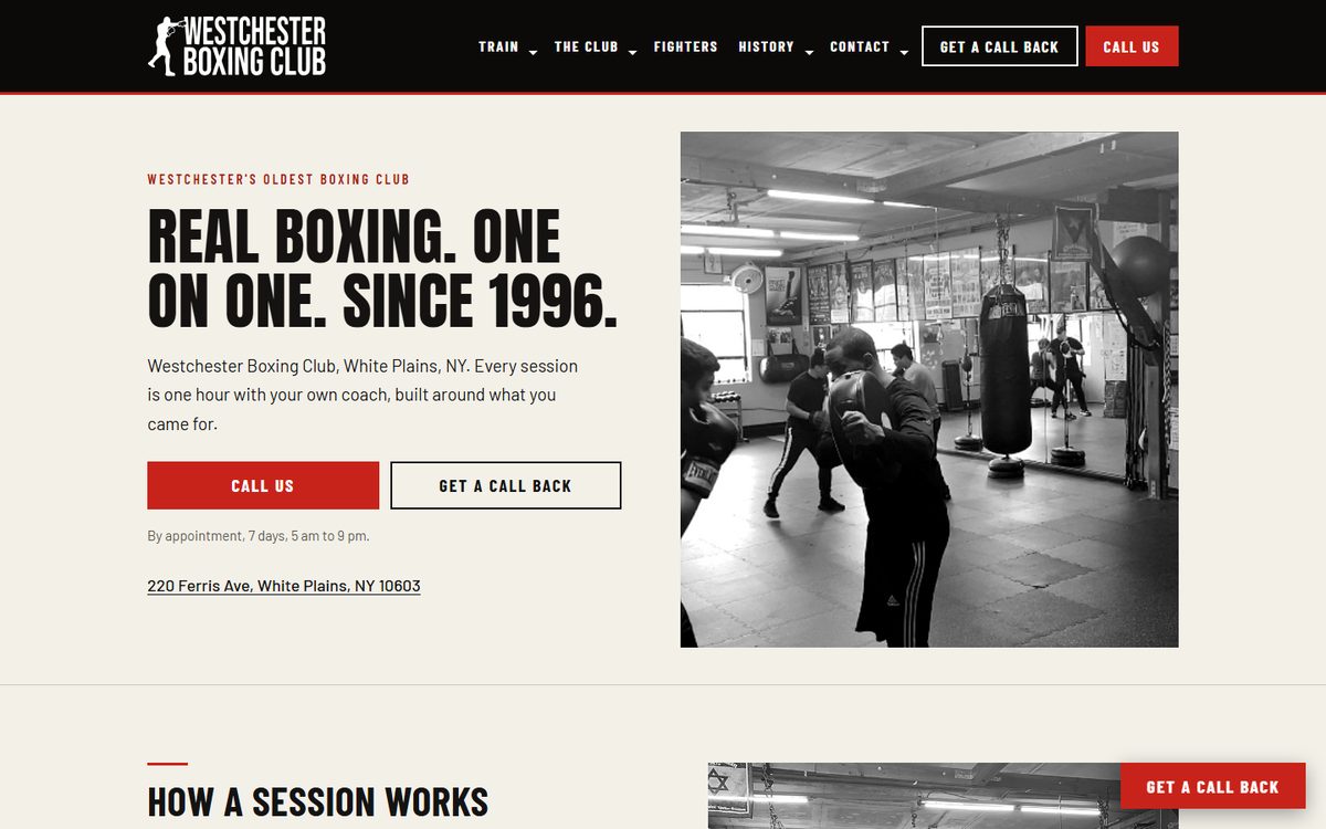 Screenshot of the Westchester Boxing Club home page, captured from the preview build