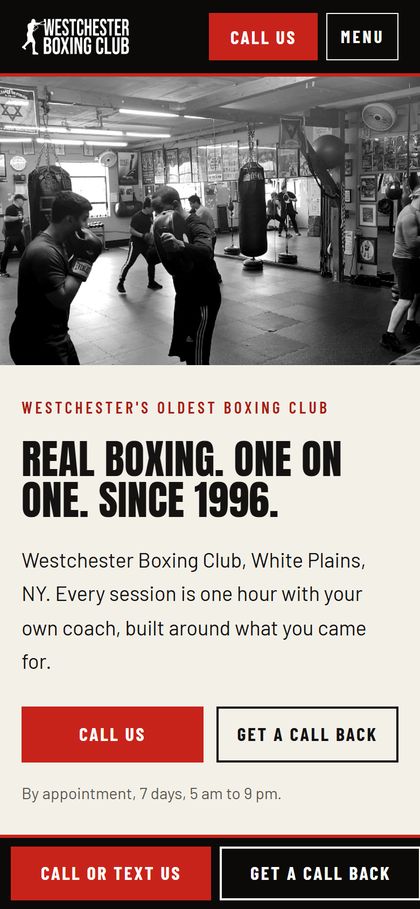 Screenshot of the Westchester Boxing Club home page on a phone